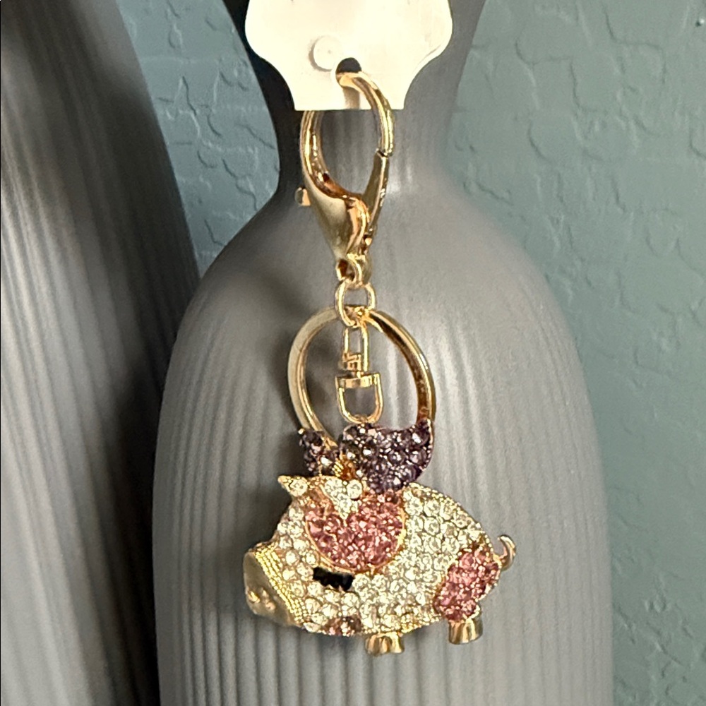 Gold and Pink Pig Keychain